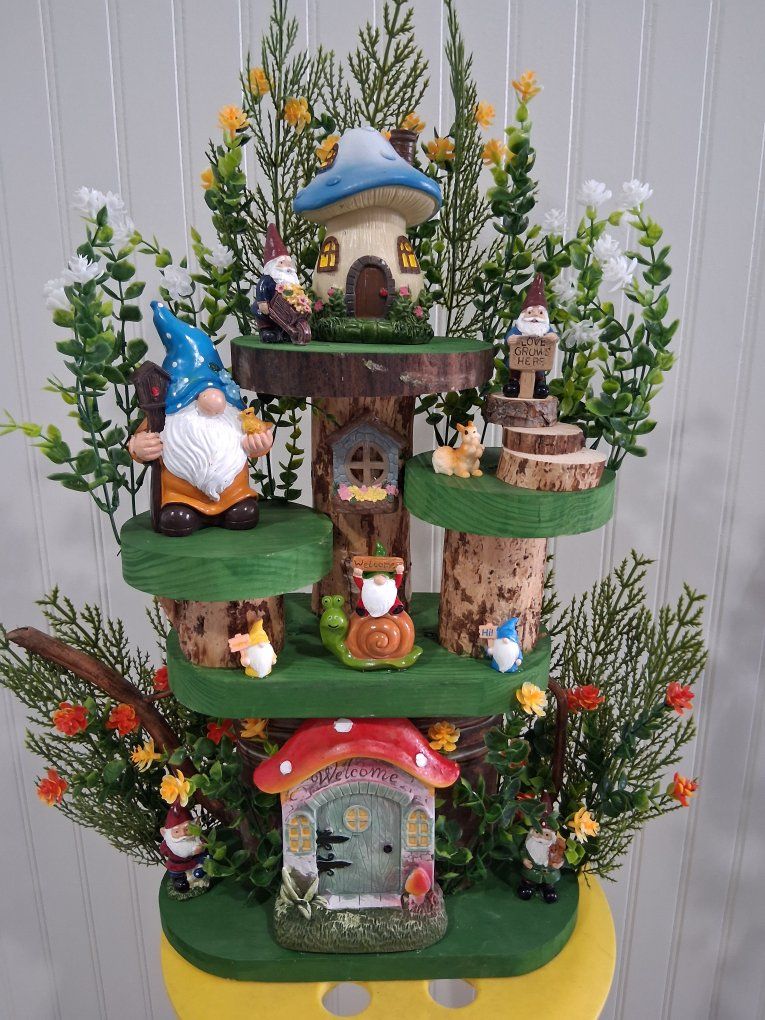 Handcrafted Multi-Tier Wooden Gnome & Fairy Garden Display with Figurines