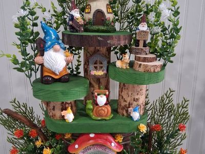 Handcrafted Multi-Tier Wooden Gnome & Fairy Garden Display with Figurines