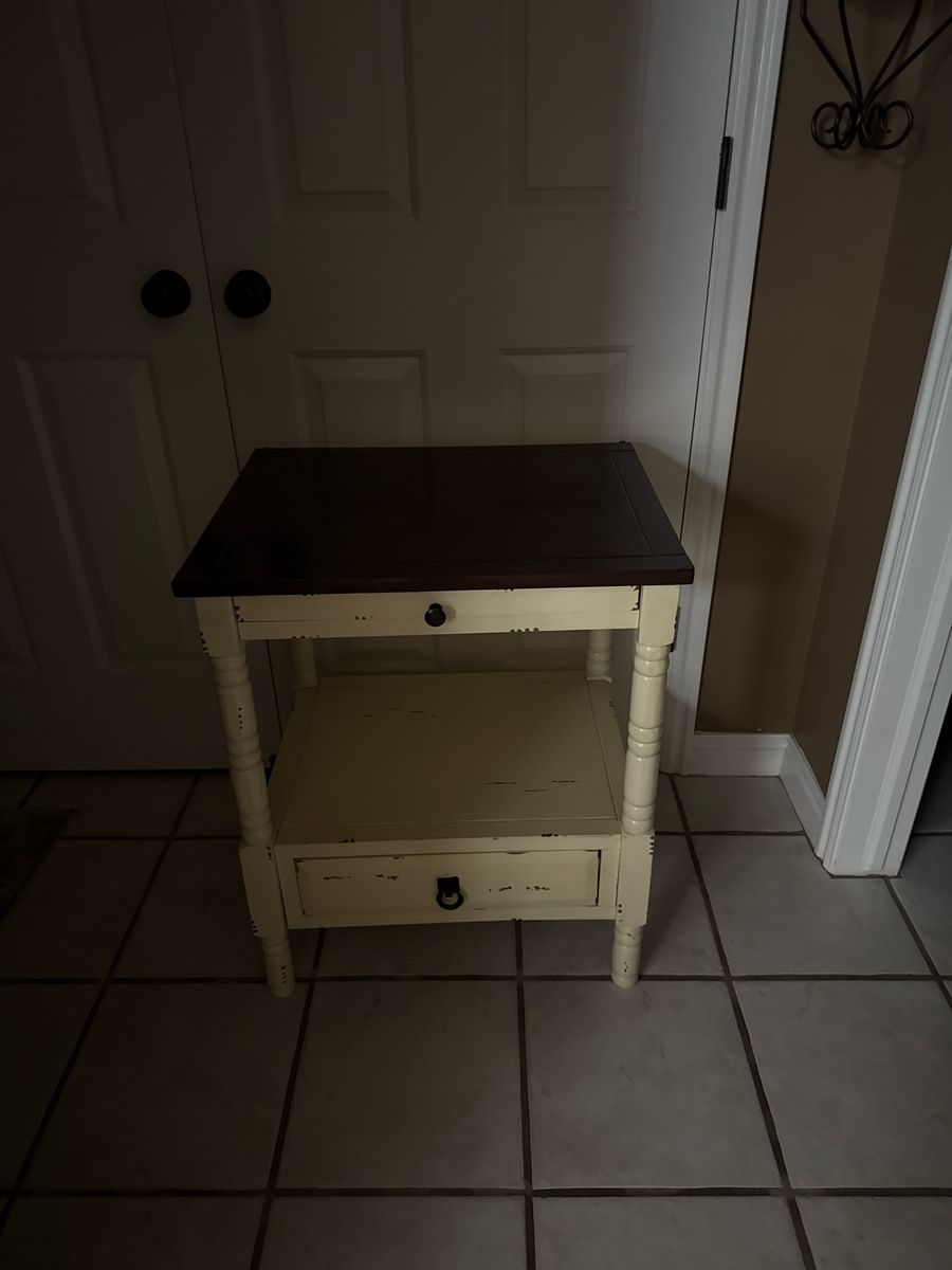 Distressed Cream & Dark Wood End Table with Shelf and Drawer