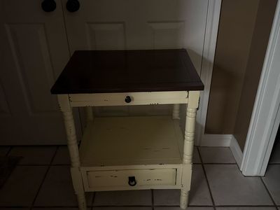 Distressed Cream & Dark Wood End Table with Shelf and Drawer