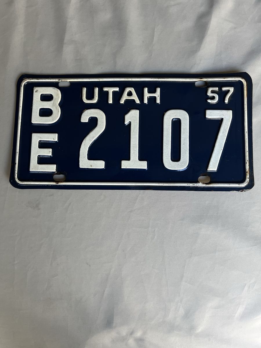 Vintage 1957 Utah License Plate BE 2107 Blue and White Collector Auto Part