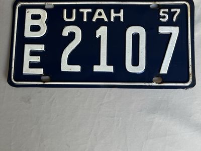 Vintage 1957 Utah License Plate BE 2107 Blue and White Collector Auto Part
