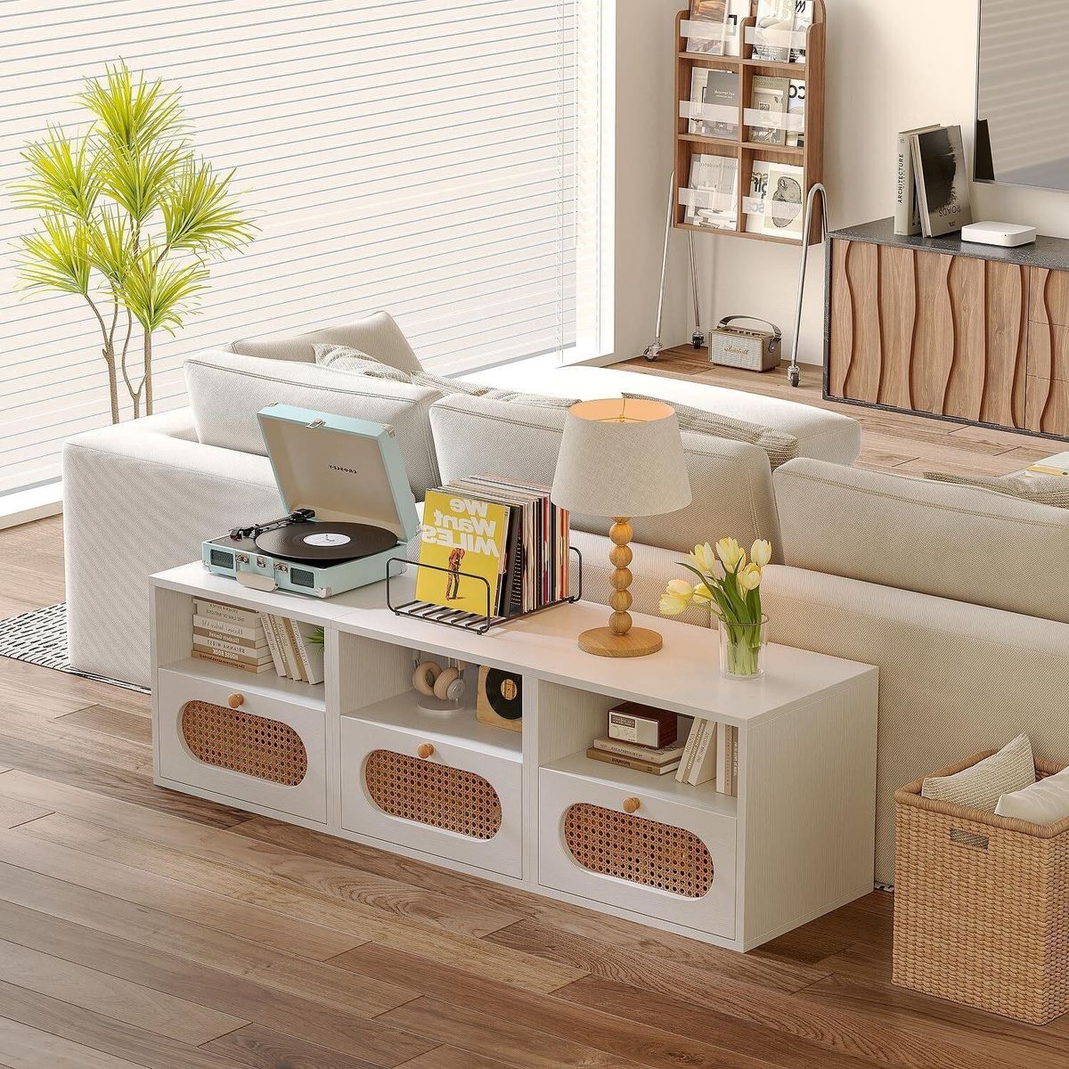 3-Piece Modular TV Stand & Nightstand Set, White Rattan Accents
