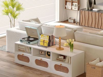 3-Piece Modular TV Stand & Nightstand Set, White Rattan Accents