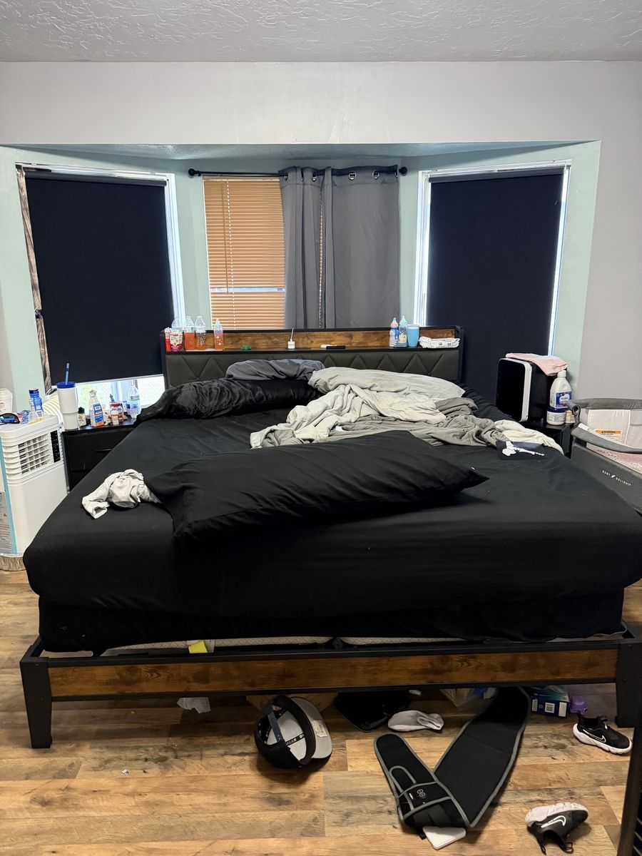 King Size Platform Bed Frame with Headboard and USB Ports - Rustic Wood & Metal Design