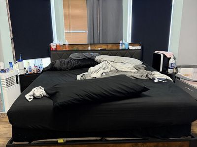 King Size Platform Bed Frame with Headboard and USB Ports - Rustic Wood & Metal Design