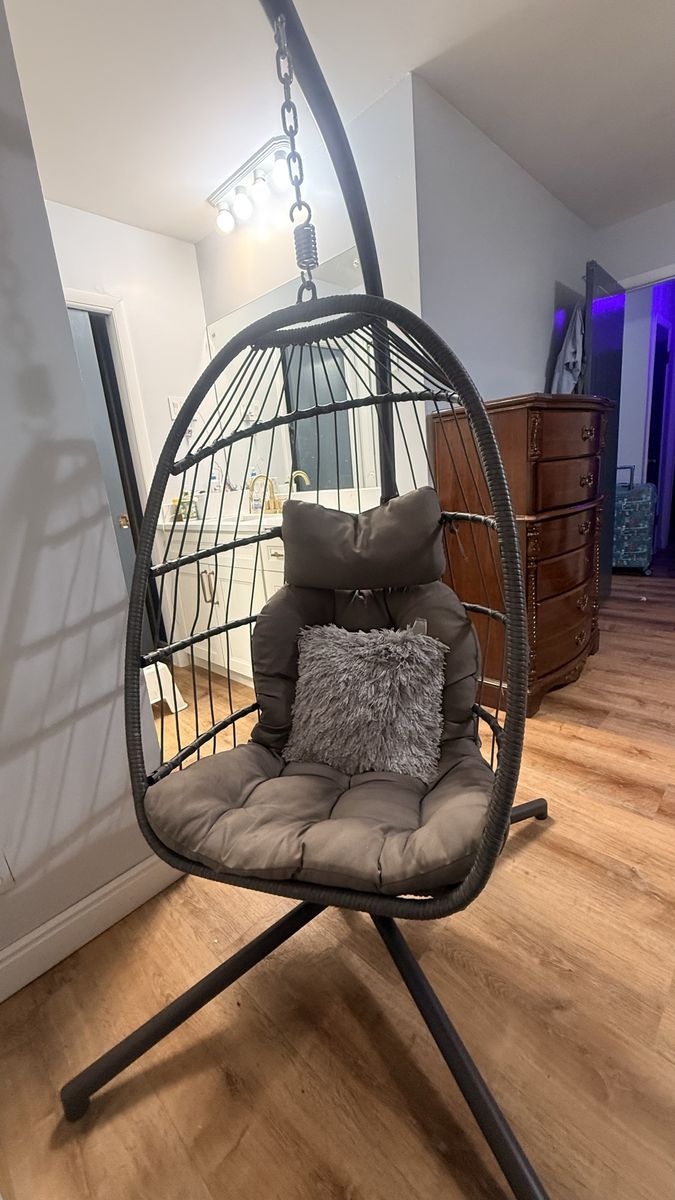 Gray Wicker Hanging Egg Chair with Stand and Gray Cushions