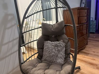 Gray Wicker Hanging Egg Chair with Stand and Gray Cushions