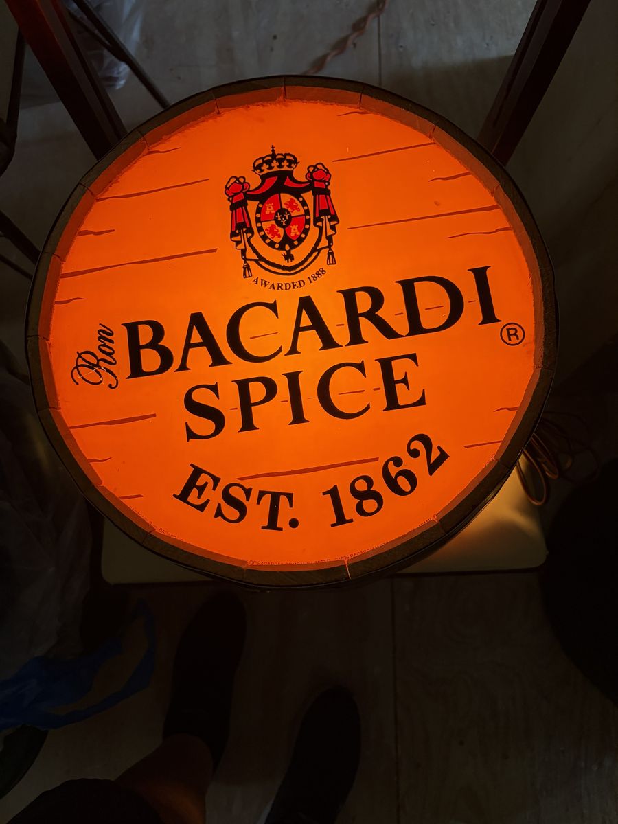 Vintage Barcardi spice rum wooden barrel-end wall sign