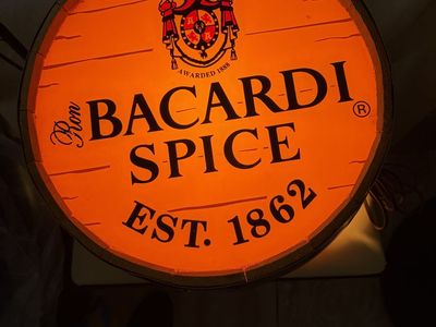 Vintage Barcardi spice rum wooden barrel-end wall sign