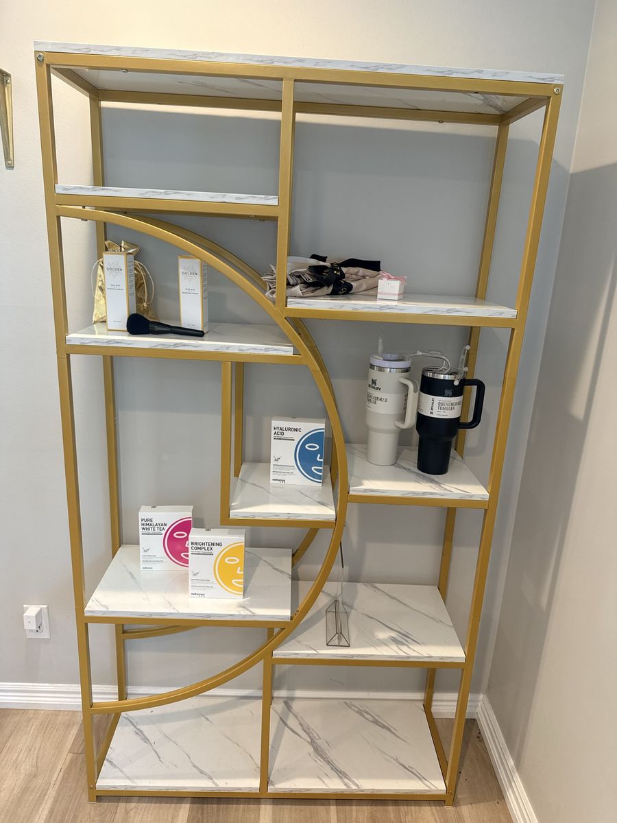 Modern Gold Frame Etagere Bookshelf with Marble-Look Shelves - Display Storage
