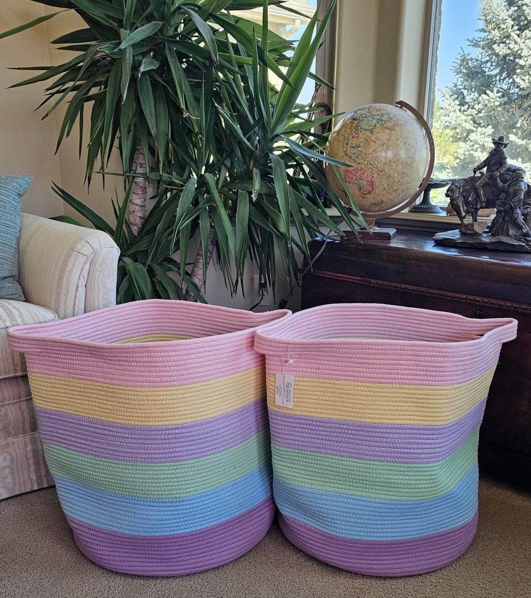 XL 83L Decorative Woven Cotton Rope Blanket Basket - Pastel Rainbow Laundry Hamper Storage
