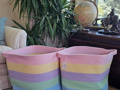 XL 83L Decorative Woven Cotton Rope Blanket Basket - Pastel Rainbow Laundry Hamper Storage