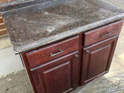 Home garage workbench cabinet and metal wire fencing $25for all located in Holladay