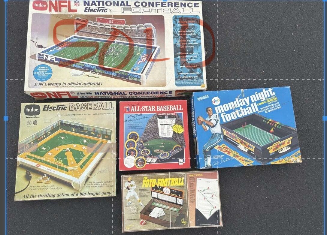 Vintage 60’s 70’s electronic football and baseball board games.  Great decorations Raiders Cowboys NFL, Tudor