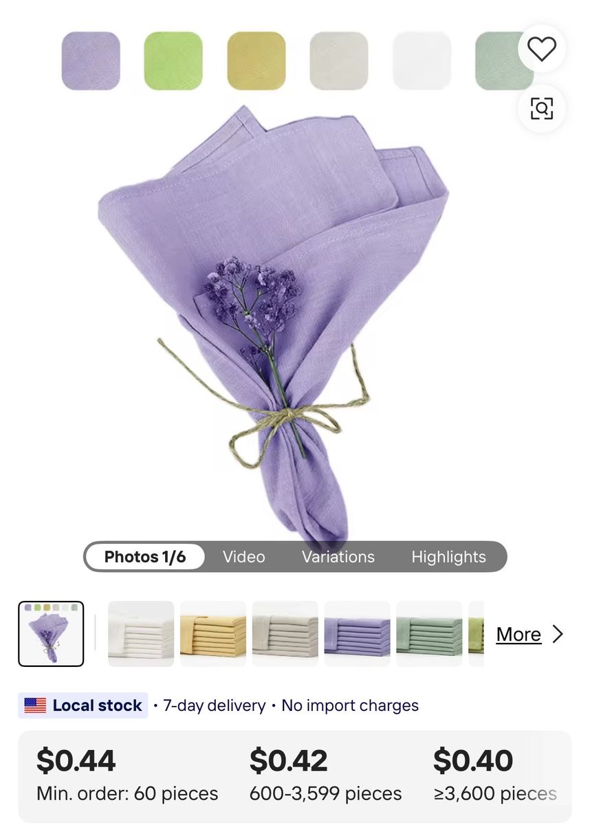 Lavender, Light Purple , Cloth Napkins , Reusable Fabric, Weddings, Bridal Showers, Party, 50¢ each