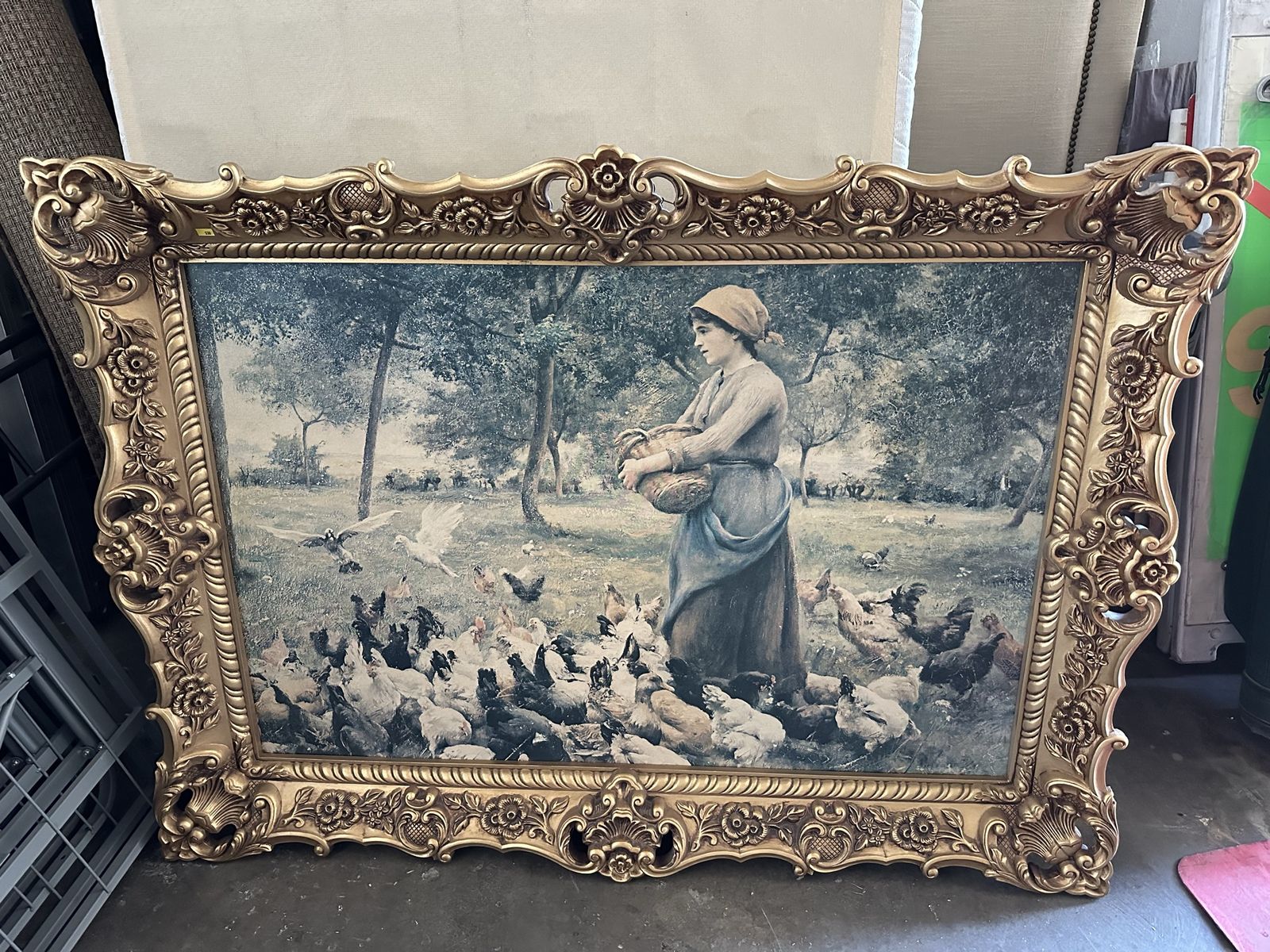 Large Ornate Framed “Woman Feeding Chickens" by H. Vermeulen