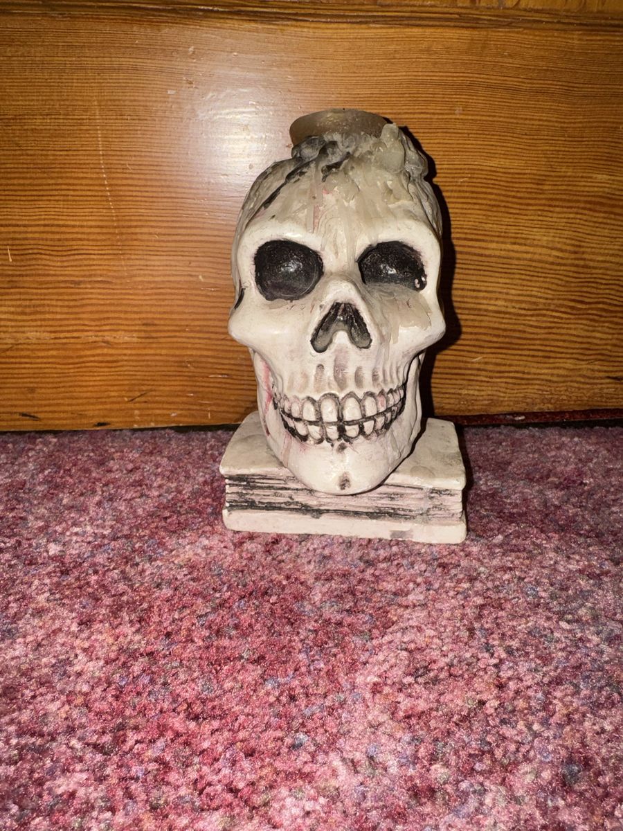 Skull Candle Holder with Wax Drips - Halloween Decor or Goth Home Accent