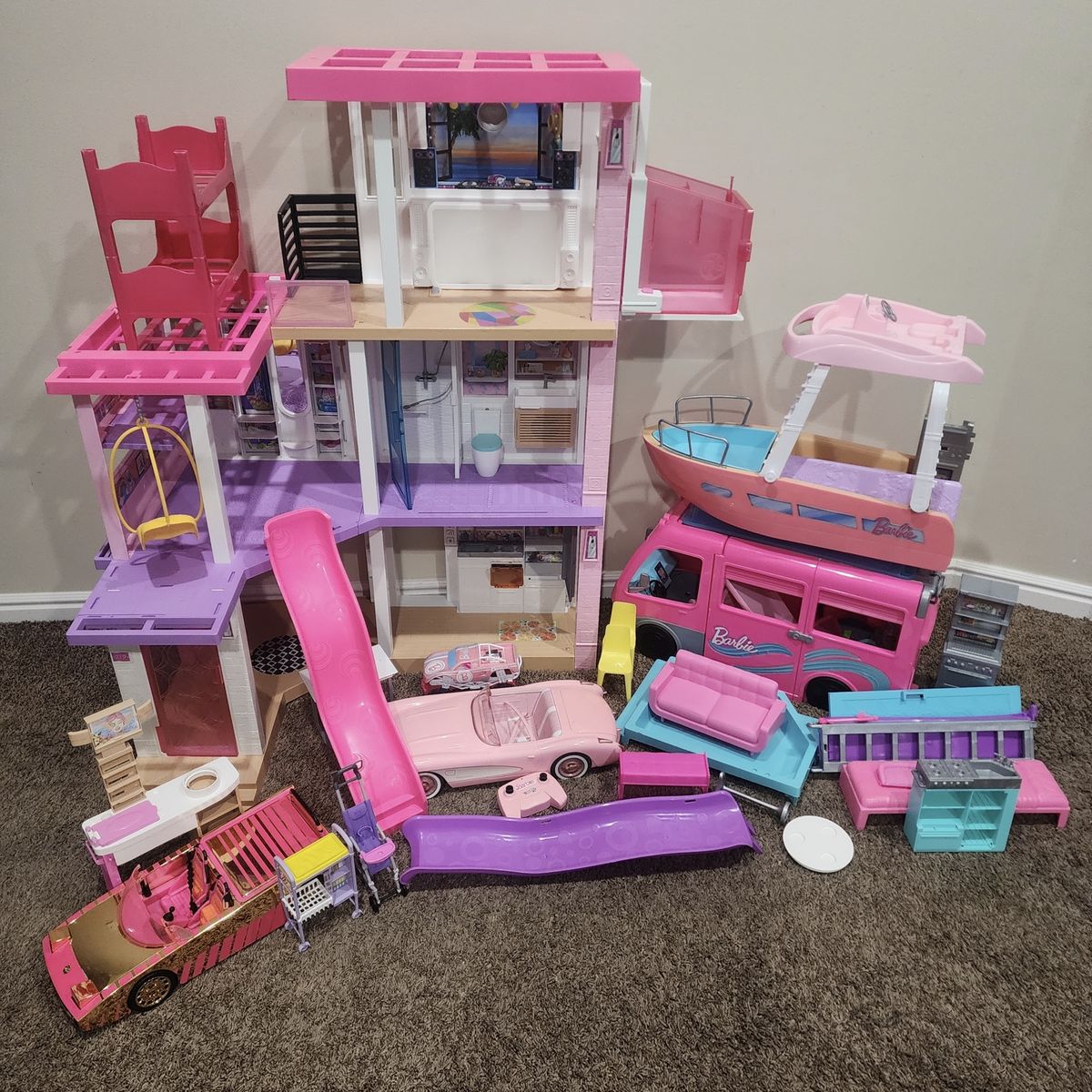 HUGE BARBIE LOT OF FUN STUFF DREAM HOUSE BOAT CAMPER REMOTE CONTROL CAR NICE CONDITION!