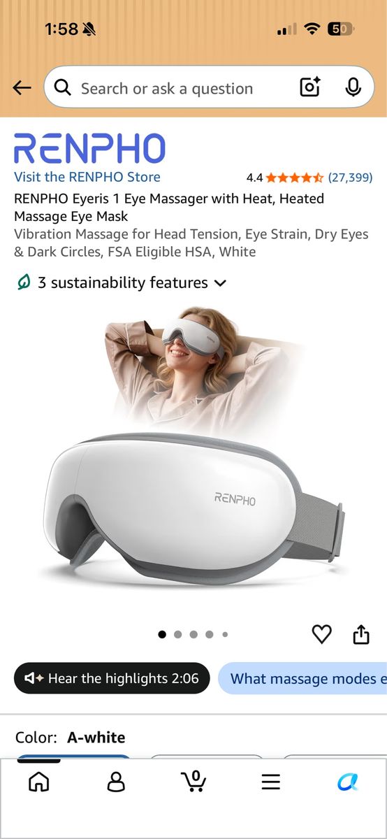 RENPHO Eyeris 1 Eye Massager with Heat and Vibration - White