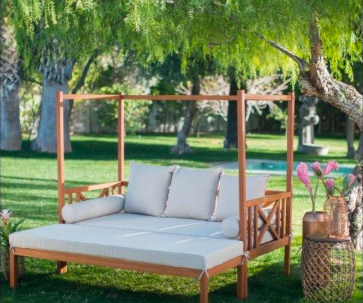 Belham Living Brighton Outdoor Canopy Daybed - Natural Wood with Cushions, New, Assembly Required