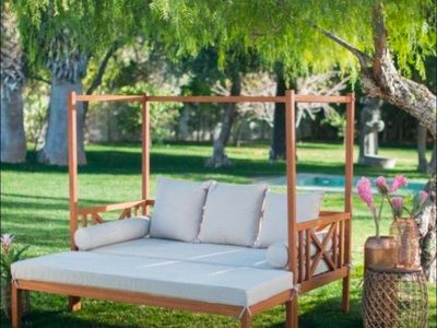 Belham Living Brighton Outdoor Canopy Daybed - Natural Wood with Cushions, New, Assembly Required