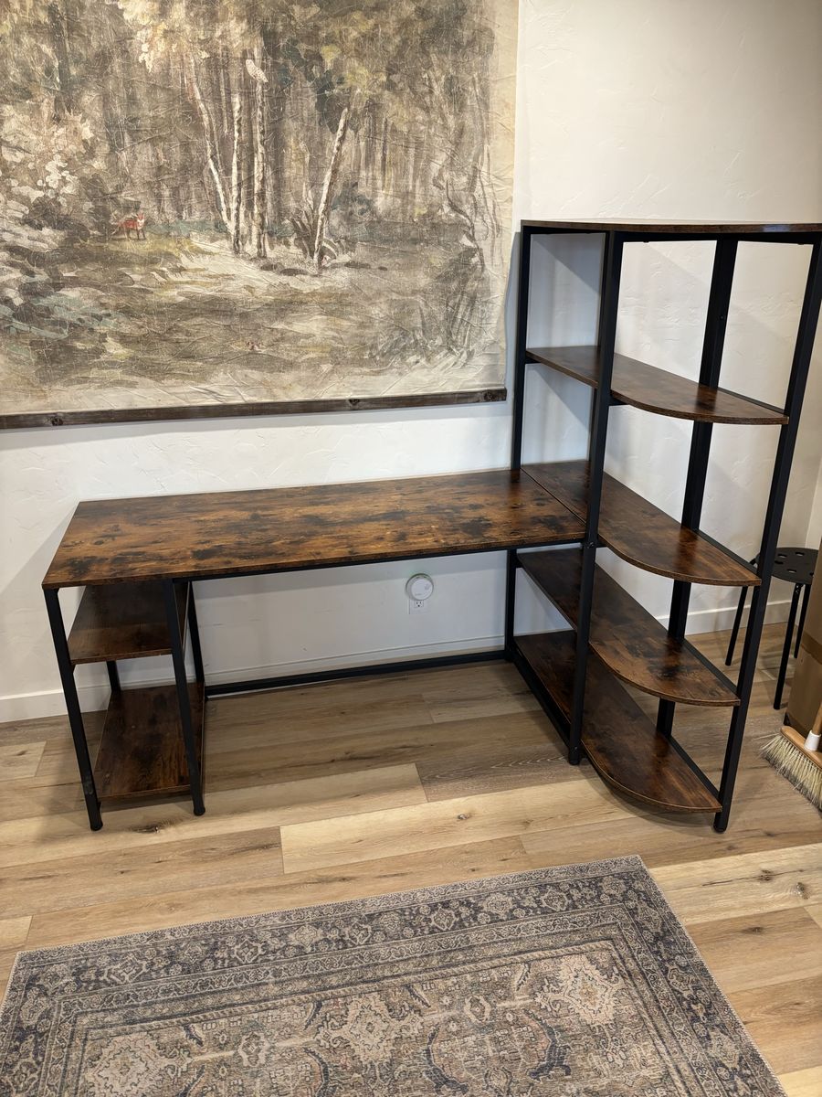Industrial L-Shaped Computer Desk with Shelves & Hutch Rustic Brown