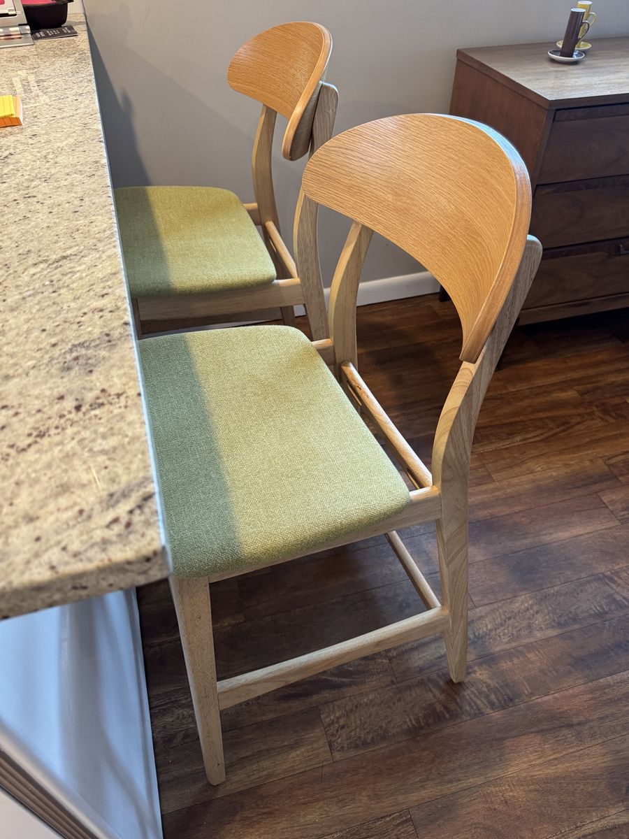 Pair of Modern Wood Counter Height Bar Stools with Green Fabric Seats - Excellent Condition