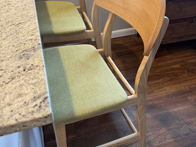 Pair of Modern Wood Counter Height Bar Stools with Green Fabric Seats - Excellent Condition