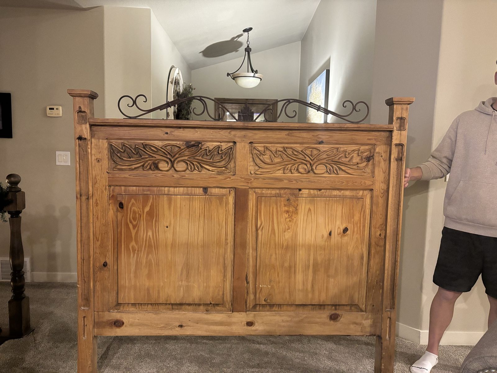 Rustic Solid Wood Headboard and Dresser Set - Carved Details & Metal Accents