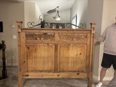 Rustic Solid Wood Headboard and Dresser Set - Carved Details & Metal Accents