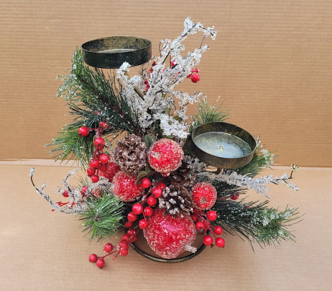 Sugared Christmas Two Tiered Bronze Metal Candle Holder