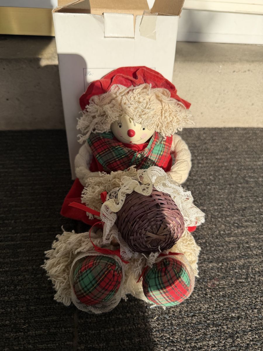 Vintage Christmas Rag Doll with Basket and Red Plaid Dress