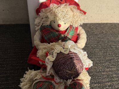 Vintage Christmas Rag Doll with Basket and Red Plaid Dress