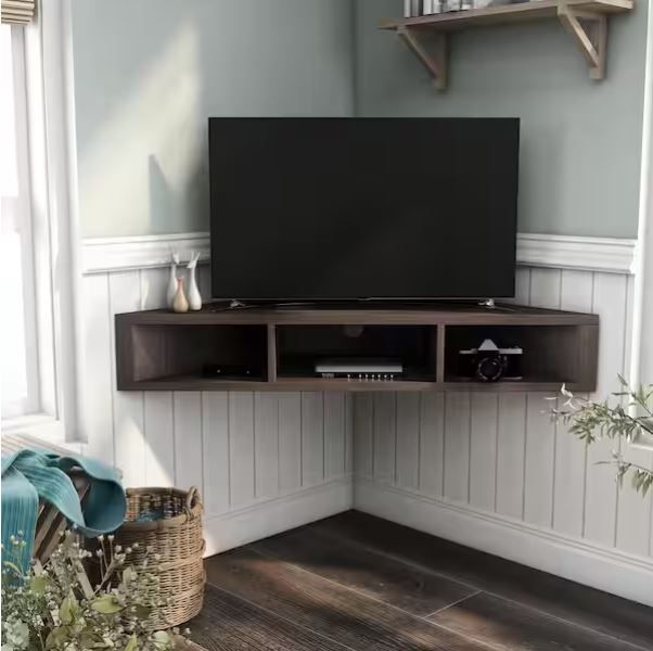 Floating corner shelf (hidden brackets) for TV, computer, other. Space saver.