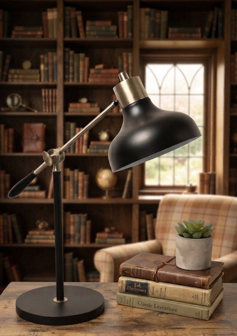 Vtg-style Black & Bronze Dual-Adjustable Desk / Table Lamp