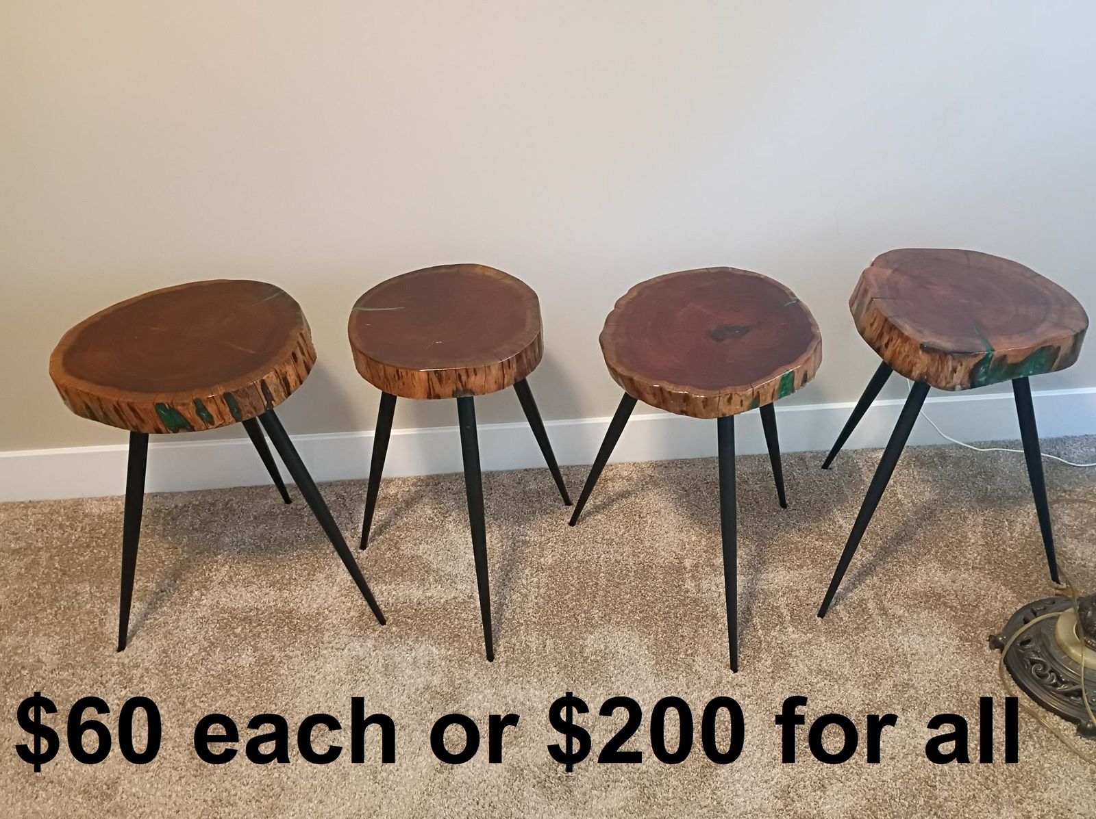 22-Inch Tall Solid Wood Live Edge Cinnamon Accent Table with Epoxy Detail, 4 avail, all 4 for $200 or $60 each