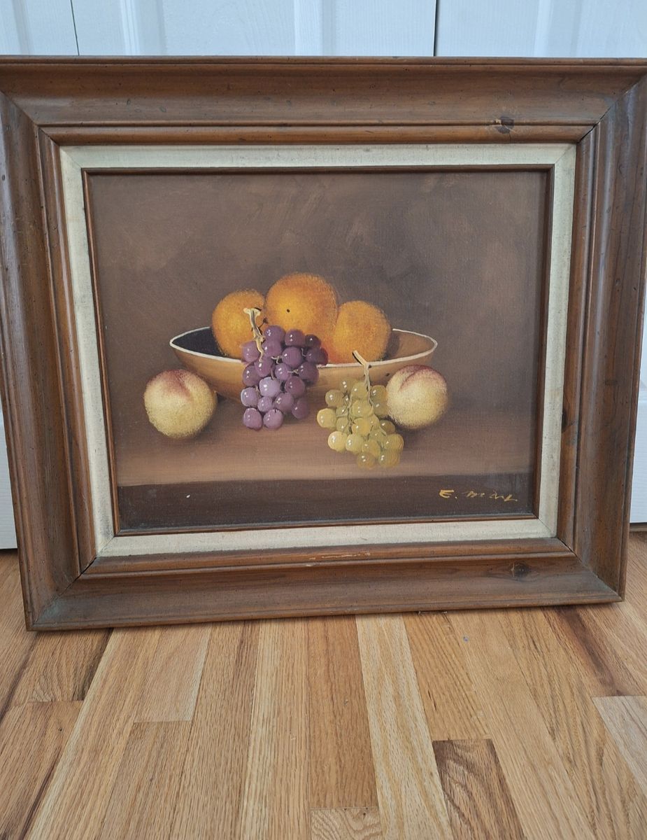 Vintage Framed Original Oil Painting – Fruit in Bowl. 28" X 24".