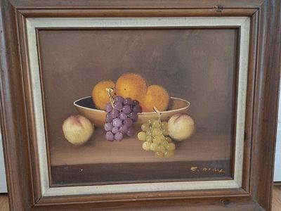 Vintage Framed Original Oil Painting – Fruit in Bowl. 28" X 24".