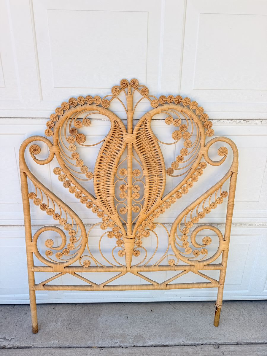Vintage Boho Wicker Rattan peacock Headboard Intricate Scrollwork