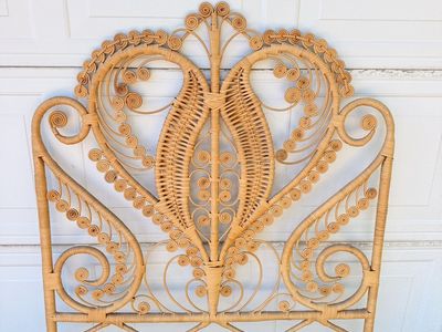 Vintage Boho Wicker Rattan peacock Headboard Intricate Scrollwork