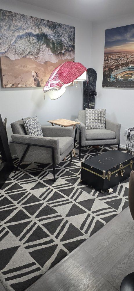 Pair of Modern Grey Fabric Accent Chairs with Black Metal Frame