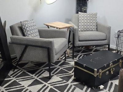Pair of Modern Grey Fabric Accent Chairs with Black Metal Frame