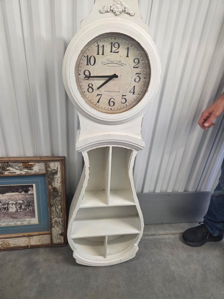 Shabby Chic Grandfather Clock with Display Shelves - White Distressed Finish