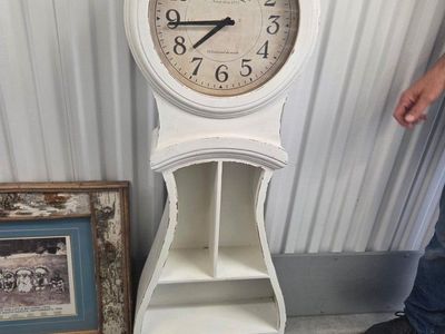 Shabby Chic Grandfather Clock with Display Shelves - White Distressed Finish