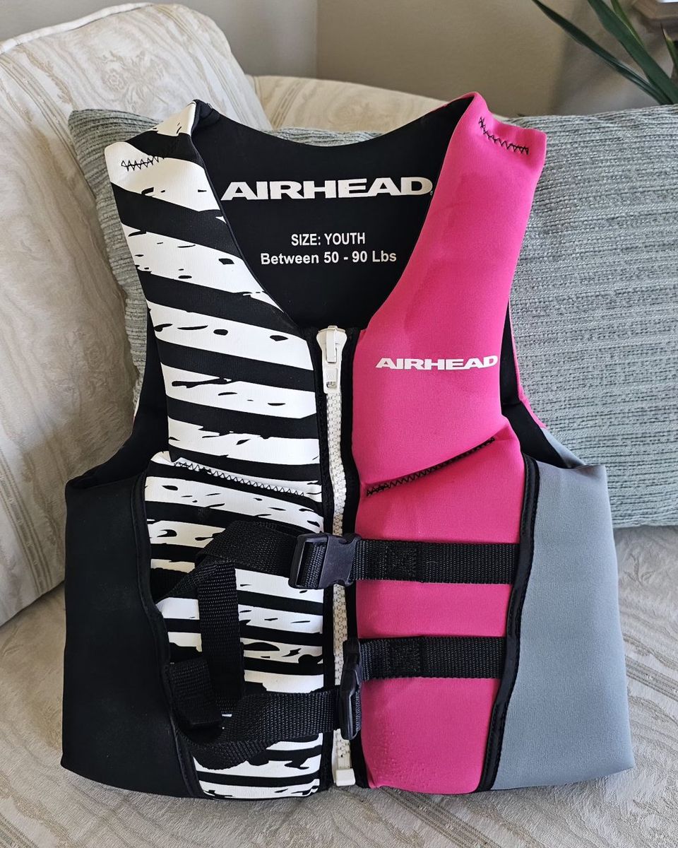 AIRHEAD Youth Water Ski Vest Life Jacket PFD 50-90 lbs - Black/White/Pink