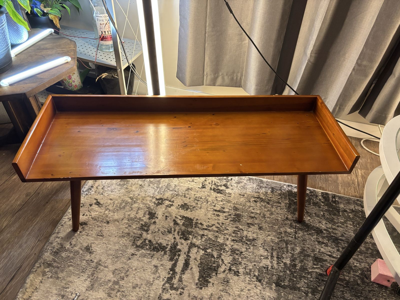 Vintage Mid-Century Modern Gallery Rail Coffee Table, Tapered Wood Legs, 44”