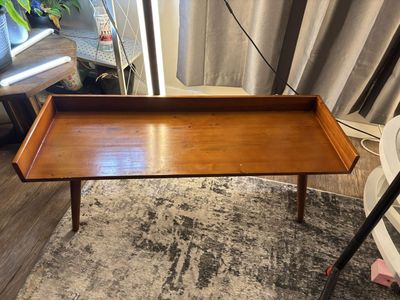 Vintage Mid-Century Modern Gallery Rail Coffee Table, Tapered Wood Legs, 44”