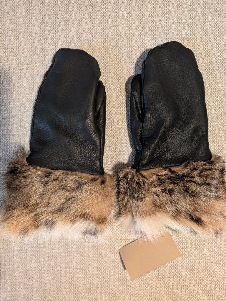 Bobcat Fur & Soft Black Leather Mittens, Size S