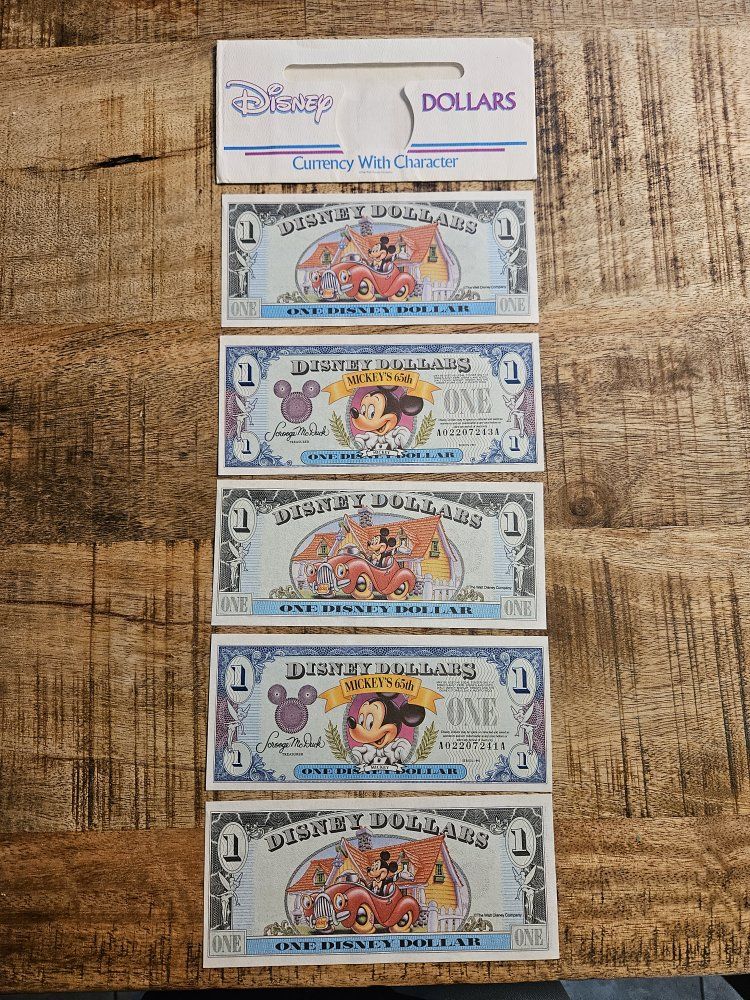 Disney Dollars Mickey's 65th Birthday One Dollar Bills - 5 Count Set, Uncirculated Collector's Item